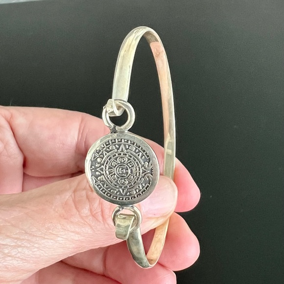 Silver Aztec Calendar bangle bracelet - Picture 2 of 5